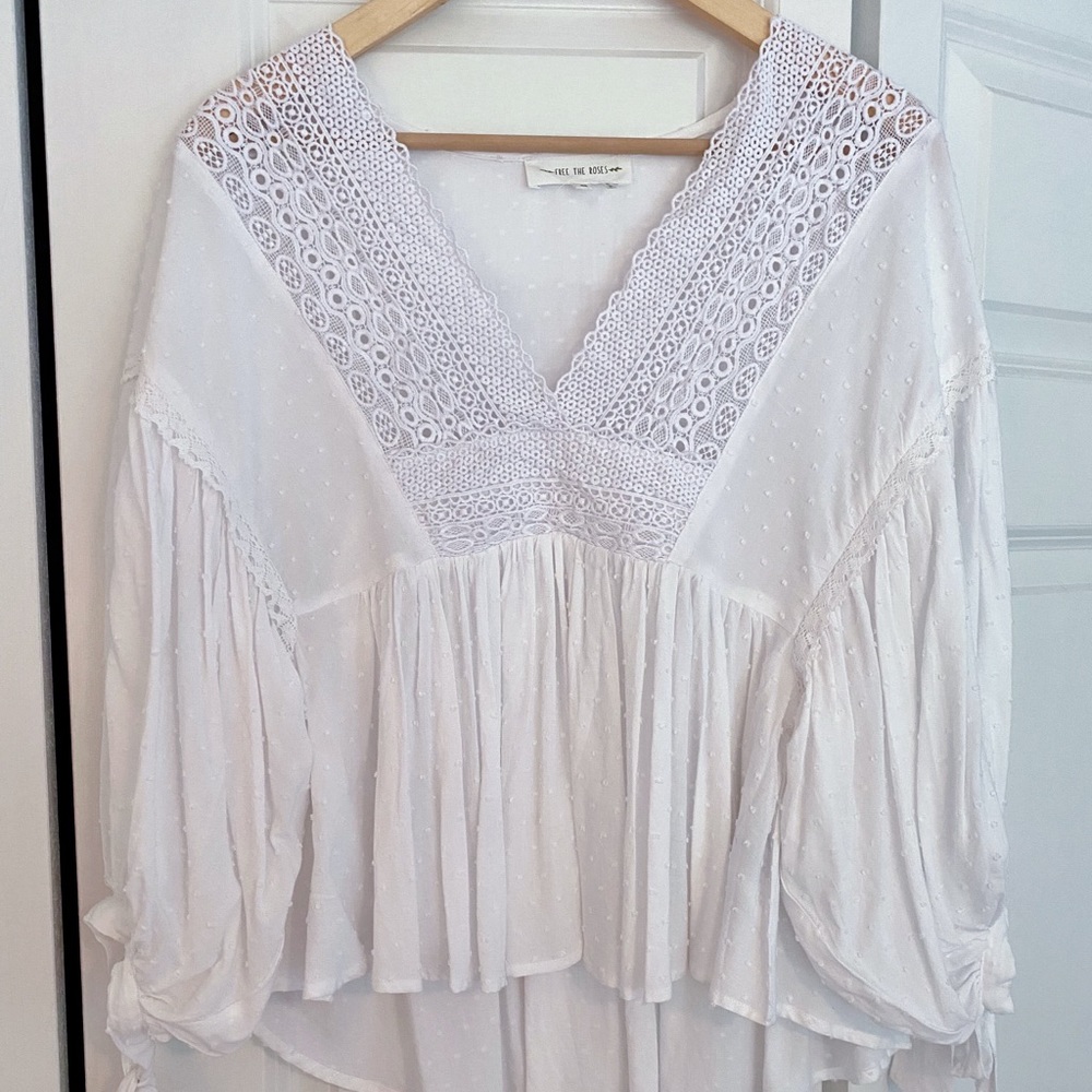 Blouse with Lace Neckline and Balloon Sleeves